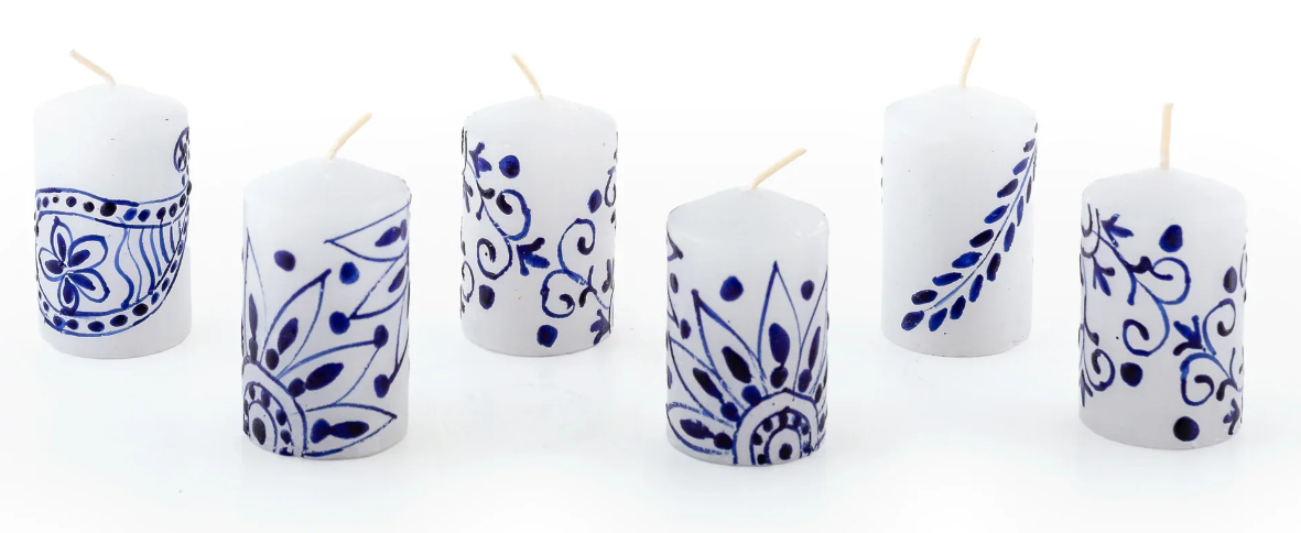 THUMBPRINT ARTIFACTS HAND PAINTED HENNA BLUE ON WHITE CANDLES - ASSORTED