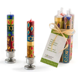 THUMBPRINT ARTIFACTS HAND PAINTED SHABBAT JUDAICA AND HAMSA CANDLES - ASSORTED
