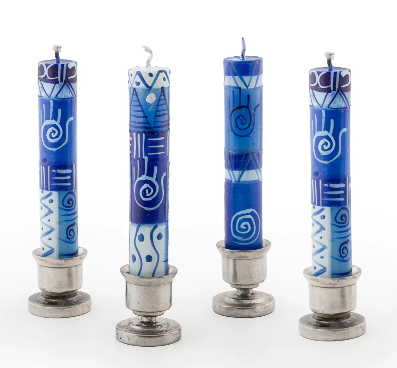 THUMBPRINT ARTIFACTS HAND PAINTED SHABBAT JUDAICA AND HAMSA CANDLES - ASSORTED