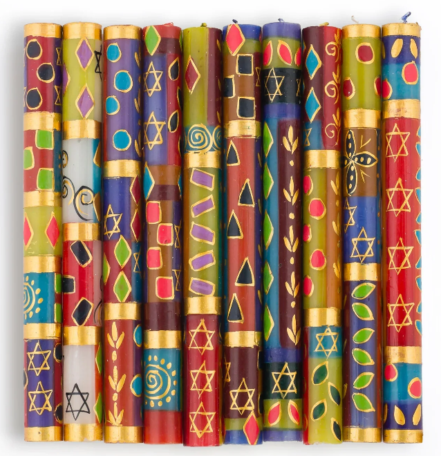 THUMBPRINT ARTIFACTS HAND PAINTED JUDAICA AND HAMSA CANDLES - ASSORTED