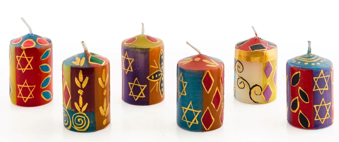 THUMBPRINT ARTIFACTS HAND PAINTED JUDAICA AND HAMSA CANDLES - ASSORTED