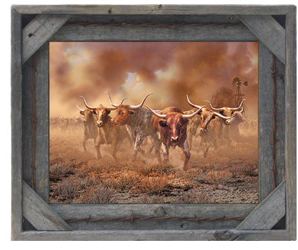 22x28 WESTERN CATTLE PRINT IN VINTAGE BARNWOOD AND BARB WIRE FRAME