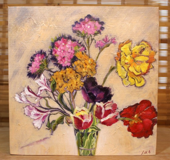 HAND-PAINTED FLOWERS IN VASE BY LILA BACON 8"x8"