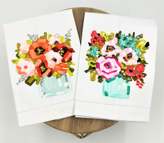HAND-PAINTED TEA TOWEL - BRIGHT FLORALS IN VASE BY DANA SHOOPS