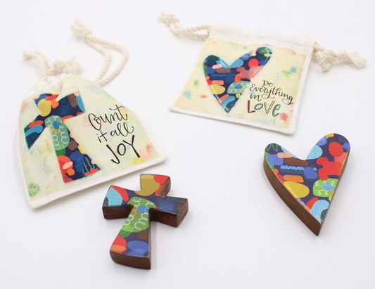 WOOD POCKET HEART AND CROSS IN POUCH BY JILL ALFORD