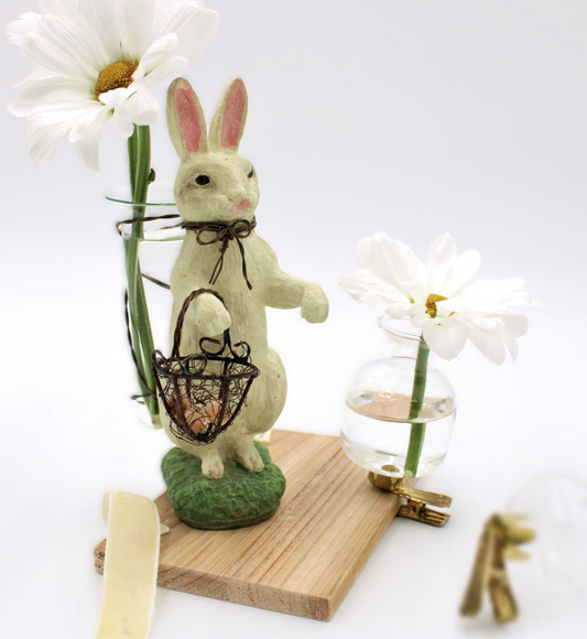 6" WHITE RABBIT WITH GLASS VASE