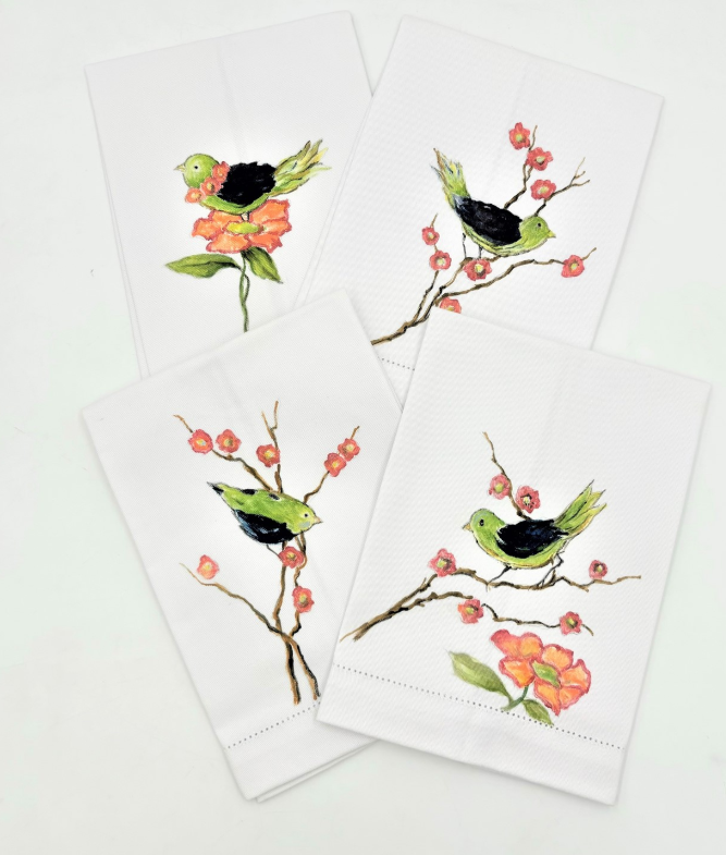 HAND-PAINTED BIRDS ON BRANCHES TEA TOWEL BY TAWNYA NORTON