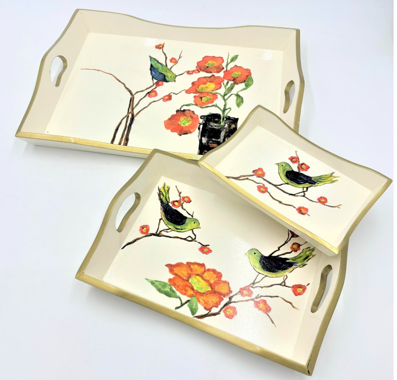 HAND-PAINTED BIRDS ON BRANCH WOOD TRAYS BY TAWNY NORTON - ASSORTED