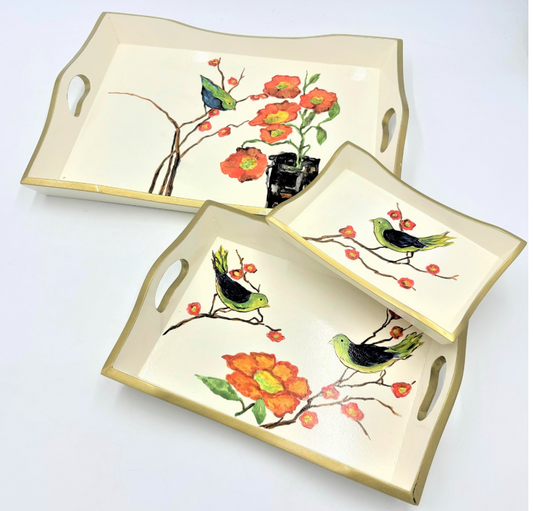 HAND-PAINTED BIRDS ON BRANCH WOOD TRAYS BY TAWNY NORTON - ASSORTED