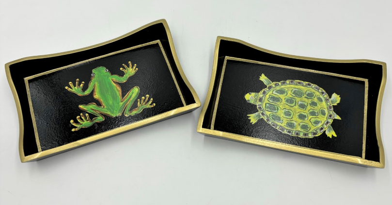 HAND-PAINTED FROG AND TURTLE WOOD TRAYS BY TAWNYA NORTON - ASSORTED