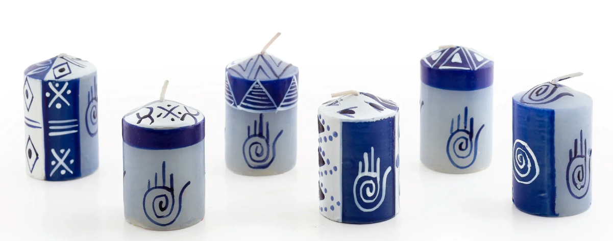 THUMBPRINT ARTIFACTS HAND PAINTED JUDAICA AND HAMSA CANDLES - ASSORTED
