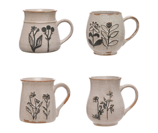 15oz. DEBOSSED BLACK & CREAM FLORAL STONEWARE MUG - ASSORTED