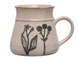 15oz. DEBOSSED BLACK & CREAM FLORAL STONEWARE MUG - ASSORTED