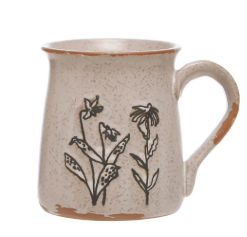 15oz. DEBOSSED BLACK & CREAM FLORAL STONEWARE MUG - ASSORTED