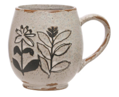 15oz. DEBOSSED BLACK & CREAM FLORAL STONEWARE MUG - ASSORTED