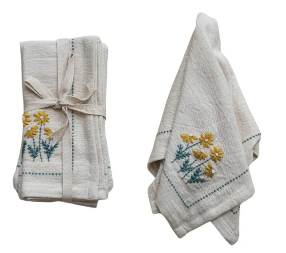 COTTON NAPKINS W/HAND-EMBROIDERY -DAISY FLOWERS (SET OF 4)