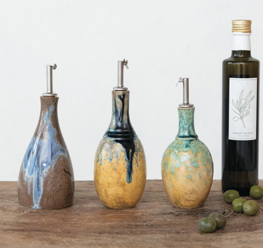 10oz. STONEWARE OIL CRUET - ASSORTED