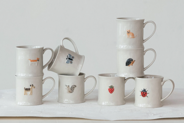 8oz. EMBOSSED STONEWARE MUG W/FRUIT&ANIMALS - ASSORTED
