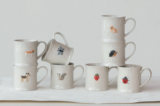 8oz. EMBOSSED STONEWARE MUG W/FRUIT&ANIMALS - ASSORTED