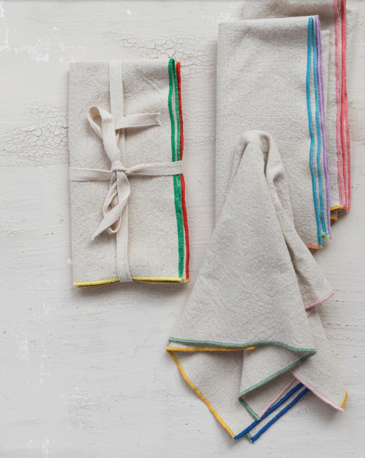 WOVEN COTTON NAPKINS WITH MULT-COLORED STITCHED EDGE - SET OF 4