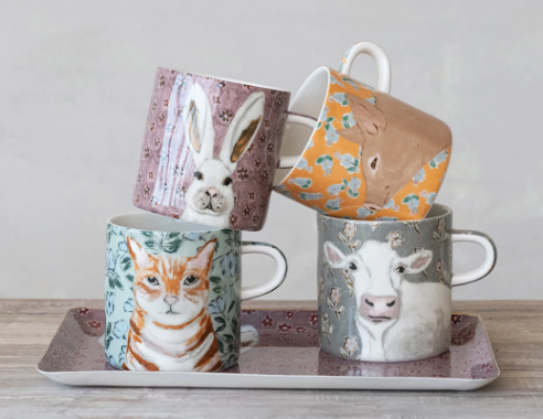 16oz. STONEWARE MUG WITH PATTERN & FARM ANIMALS - ASSORTED