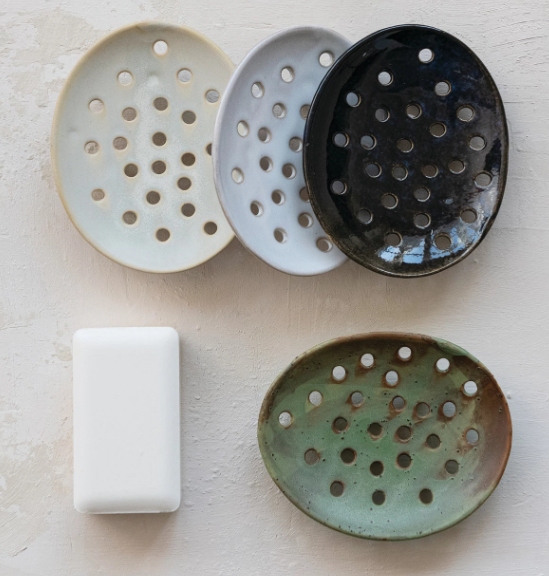 STONEWARE FOOTED SOAP DISH - ASSORTED