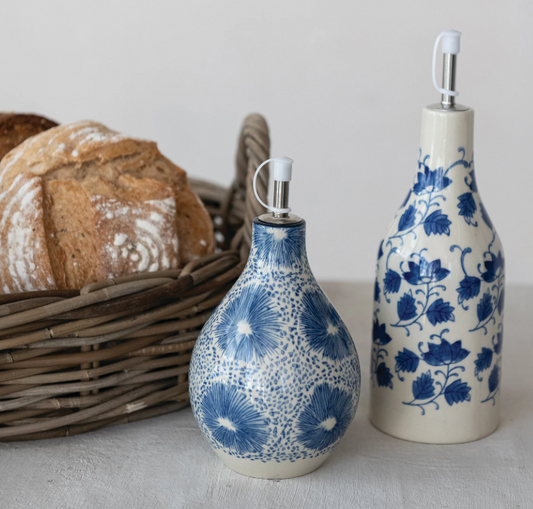 STONEWARE OIL CRUET WITH BLUE & WHITE FLORAL PATTERN - ASSORTED