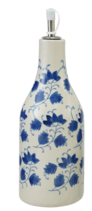 STONEWARE OIL CRUET WITH BLUE & WHITE FLORAL PATTERN - ASSORTED