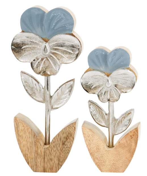 WOOD AND METAL PANSY FLOWERS - SET OF 2