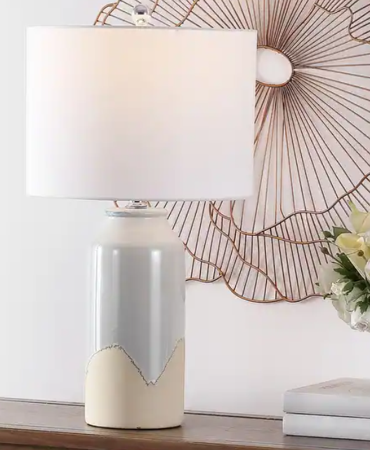BEVLEN TABLE LAMP - GLOSS WHITE & CLAY CREAM WITH WHITE LINEN SHADE