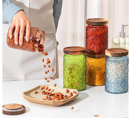 VINTAGE STYLE GLASS JAR CANISTERS WITH AIRTIGHT WOOD LIDS - ASSORTED
