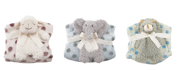 PLUSH ANIMAL WITH POLKA DOT BLANKET - ASSORTED