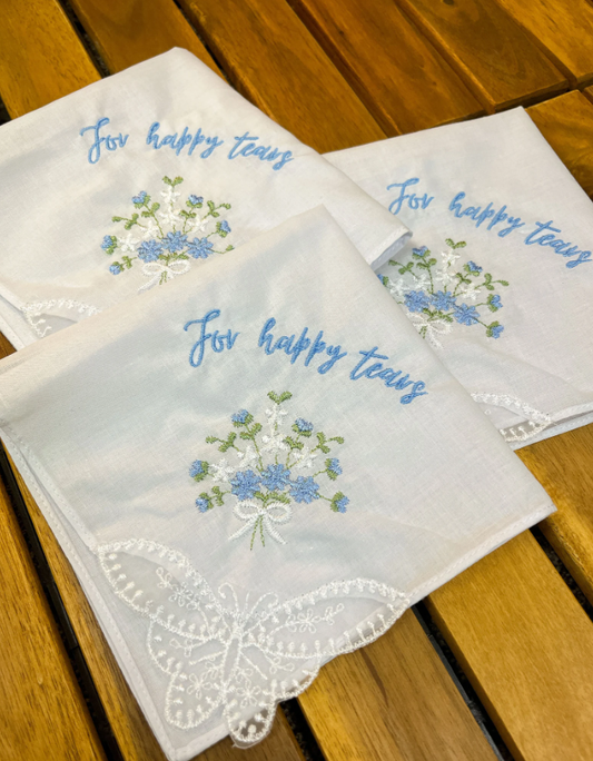 EMBROIDERED FLORAL "HAPPY TEARS" HANDKERCHIEF