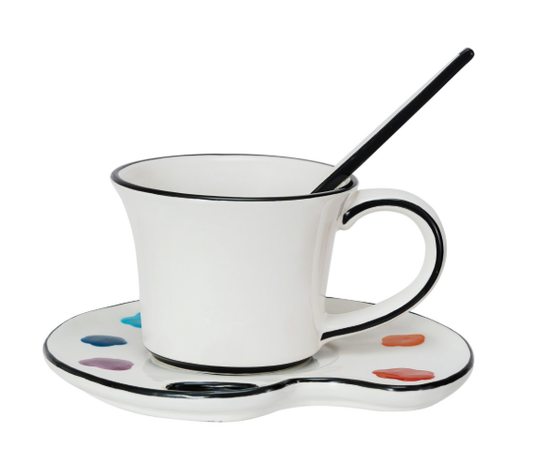 CERAMIC PAINT PALETTE SAUCER W/ MUG AND BRUSH SHAPED STIRRER