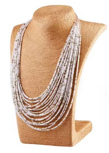BOHO-STYLE MULTI-LAYERED WHITE AND SILVER SEED BEADS WATERFALL NECKLACE