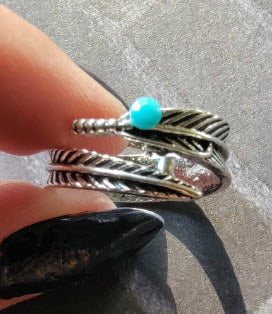 SILVER TONE FEATHER RING WITH TURQUOISE