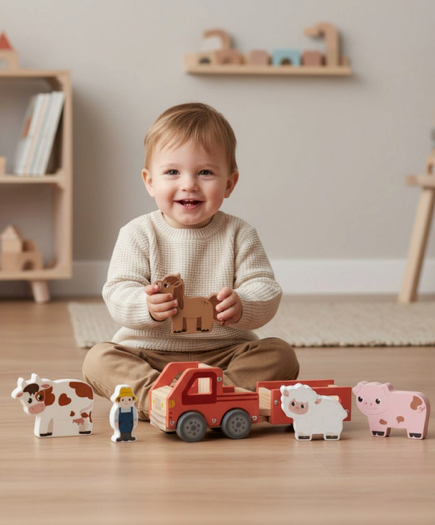 7PC WOOD TRACTOR PLAYSET