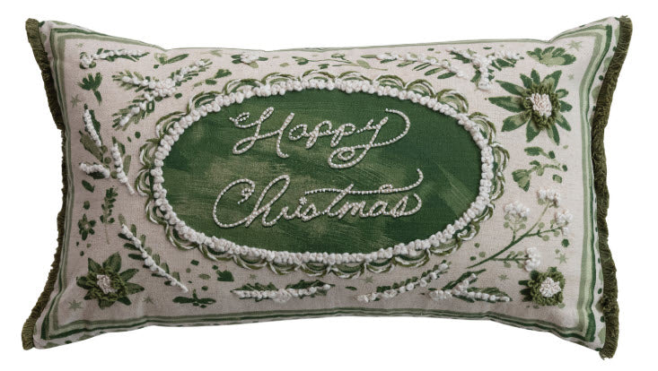HAPPY CHRISTMAS COTTON & LINEN LUMBAR PILLOW WITH EMBROIDERY & BEADS