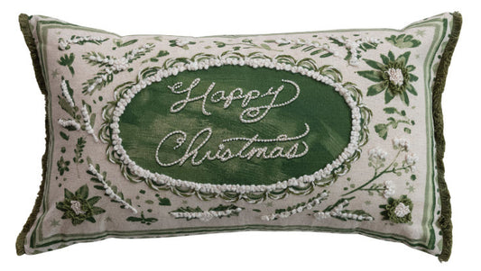HAPPY CHRISTMAS COTTON & LINEN LUMBAR PILLOW WITH EMBROIDERY & BEADS