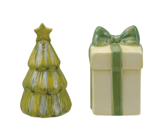 HAND-PAINTED GIFT AND TREE SHAPED SALT & PEPPER SHAKERS - SET OF TWO