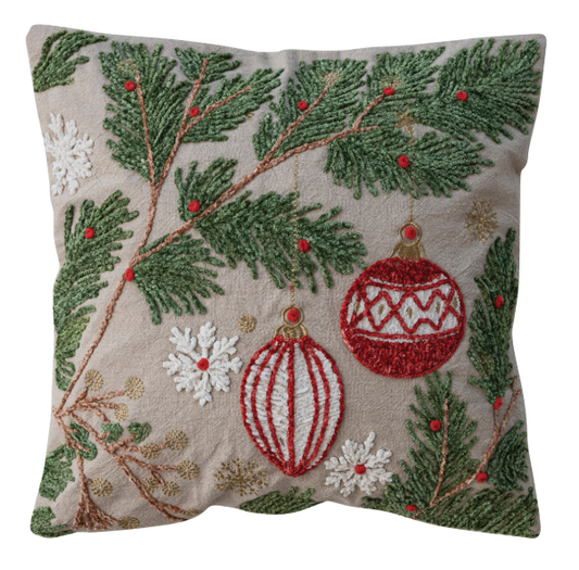 18" SQUARE EMBROIDERED PINE BOUGHS, ORNAMENTS AND SNOWFLAKES PILLOW