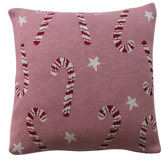 18" SQUARE COTTON KNIT PILLOW WITH CANDY CANE & STAR PATTERN