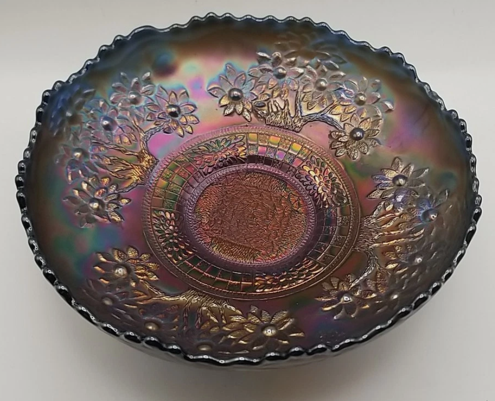 1920's VINTAGE FENTON BLUE CARNIVAL GLASS ORANGE TREE 8" BOWL