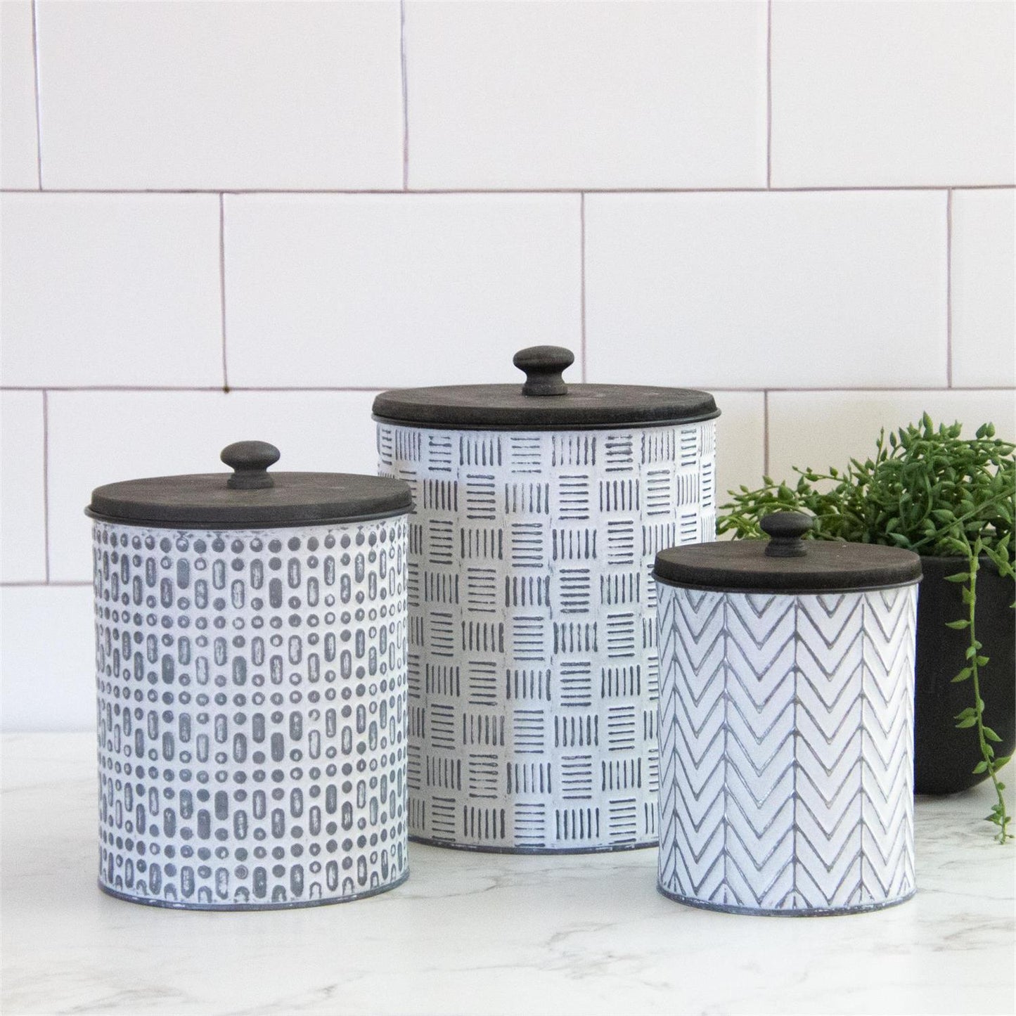 GEOMETRIC EMBOSSED METAL CANISTER SET OF 3