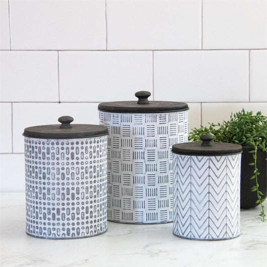 GEOMETRIC EMBOSSED METAL CANISTER SET OF 3