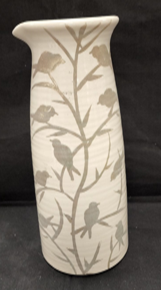 LARGE CREAM VASE WITH EMBOSED SAGE COLORED BIRDS