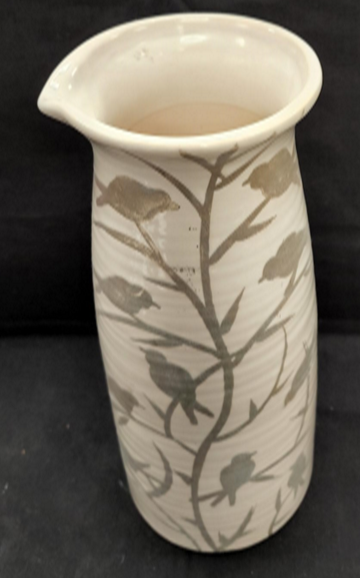 LARGE CREAM VASE WITH EMBOSED SAGE COLORED BIRDS