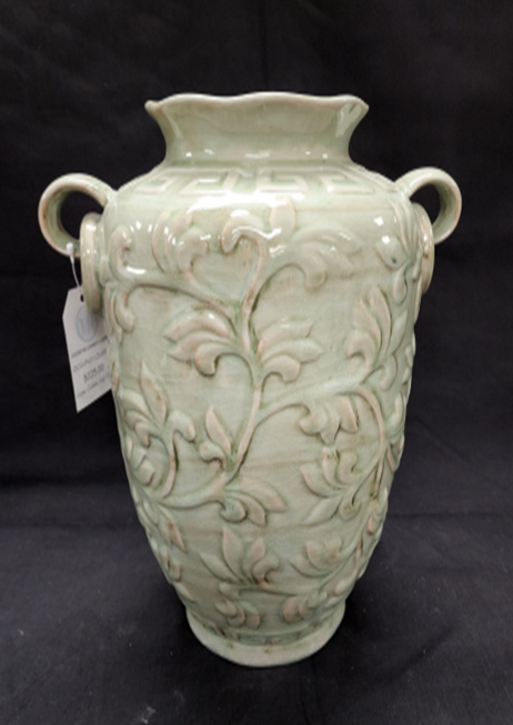 LARGE CELADON LEAF VASE 11 1/2"W x 17 3/8"T