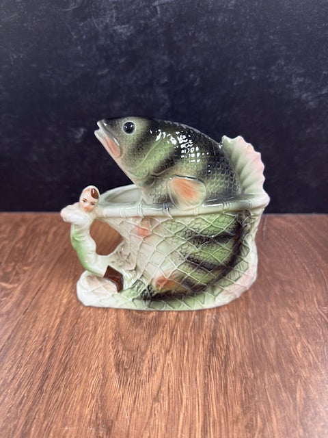 INARCO VINTAGE FISH PLANTER, LITTLE FISHERMAN WITH BIG FISH IN HIS NET!