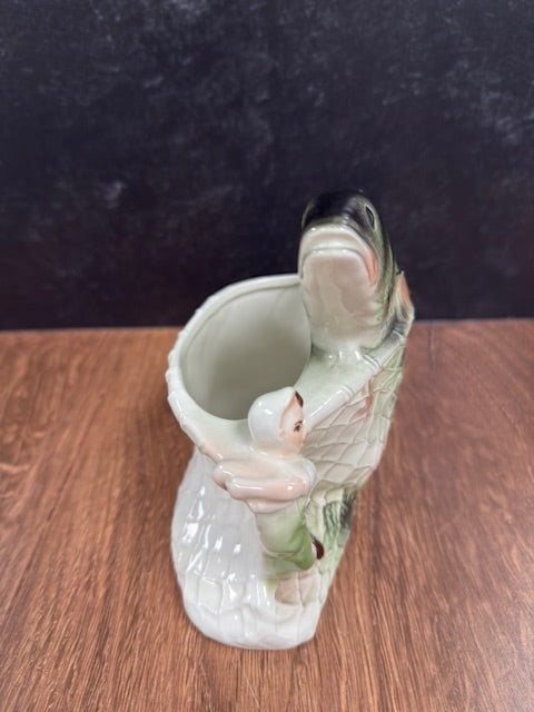 INARCO VINTAGE FISH PLANTER, LITTLE FISHERMAN WITH BIG FISH IN HIS NET!